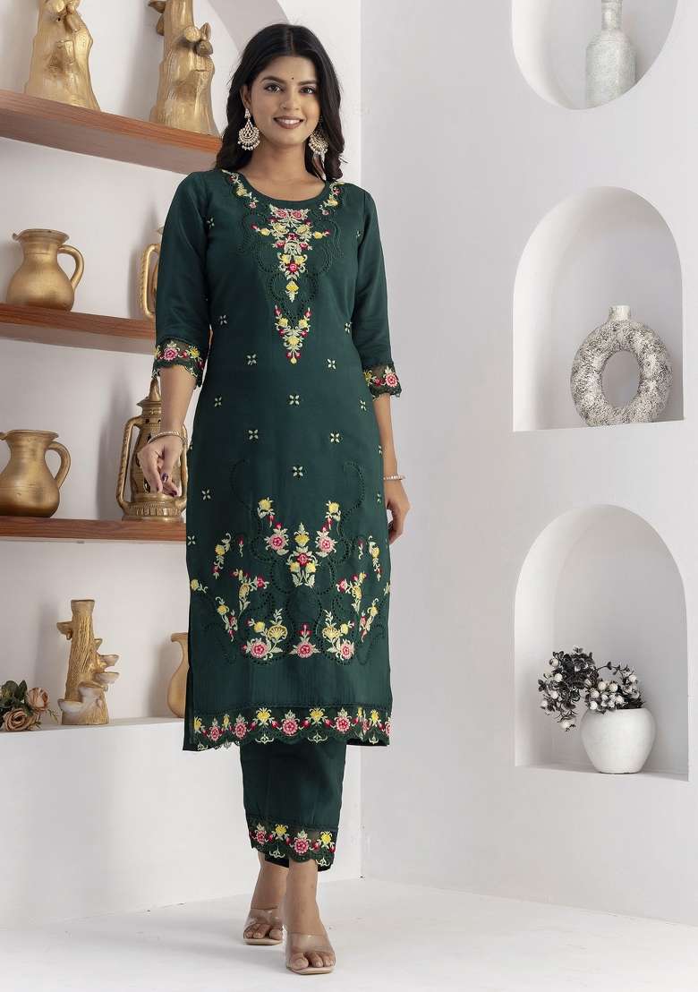 Green Embroidered Viscose Straight Kurta Set - Indya