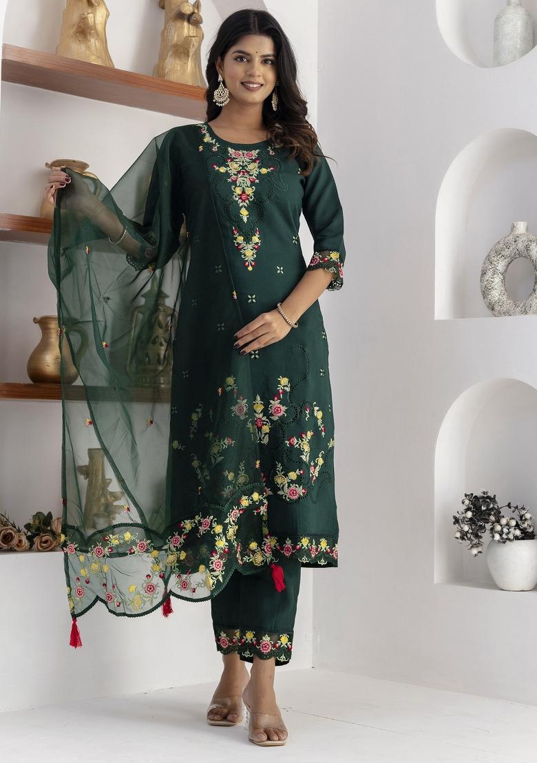 Green Embroidered Viscose Salwar Kameez With Dupatta