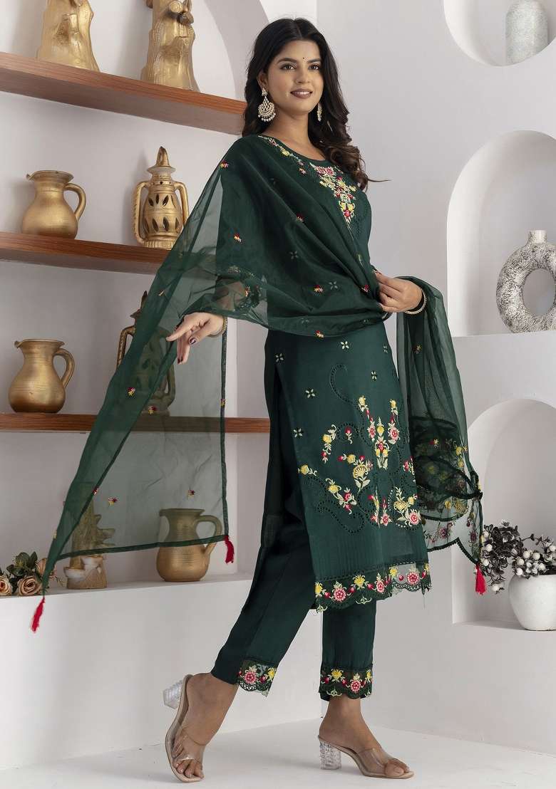 Green Embroidered Viscose Straight Kurta Set - Indya