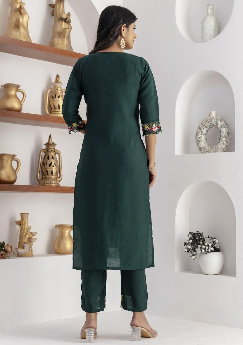 Green Embroidered Viscose Salwar Kameez With Dupatta
