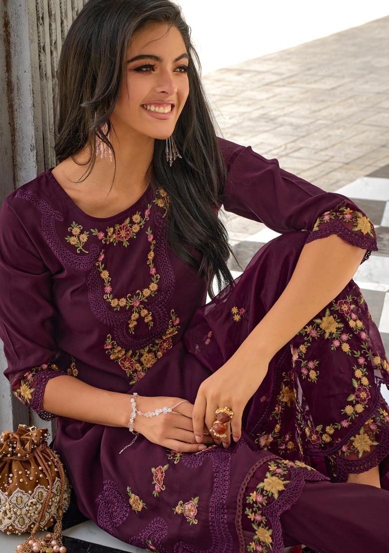 Purple Embroidered Viscose Salwar Kameez With Dupatta