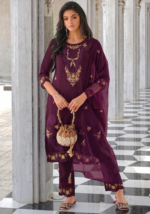 Purple Embroidered Viscose Salwar Kameez With Dupatta