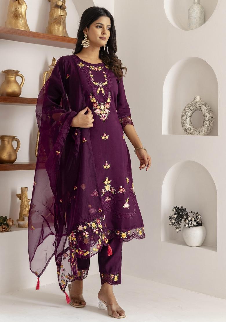 Purple Embroidered Viscose Salwar Kameez With Dupatta