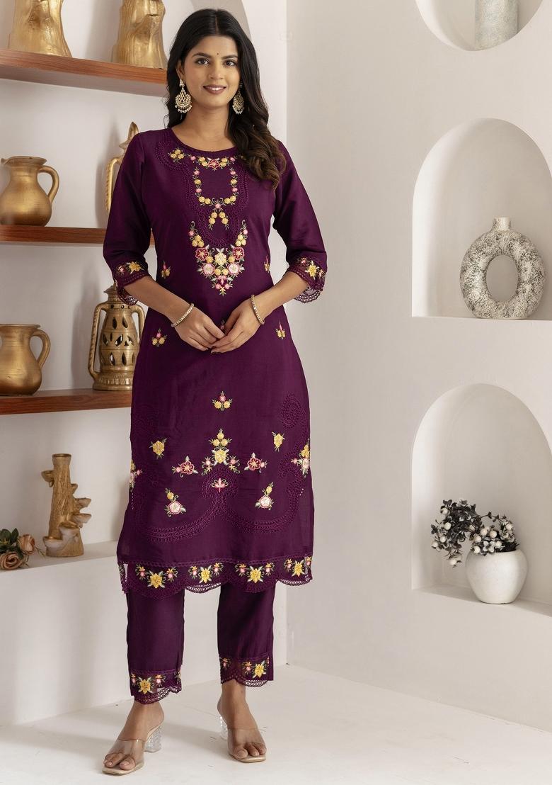Purple Embroidered Viscose Salwar Kameez With Dupatta