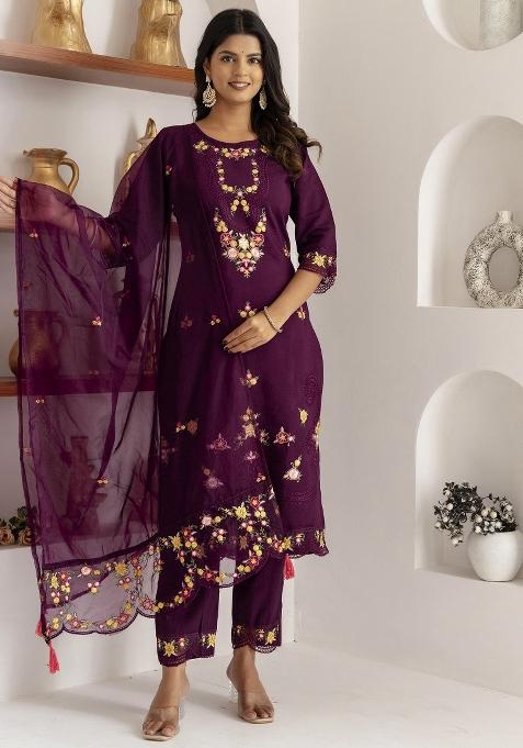 Purple Embroidered Viscose Salwar Kameez With Dupatta