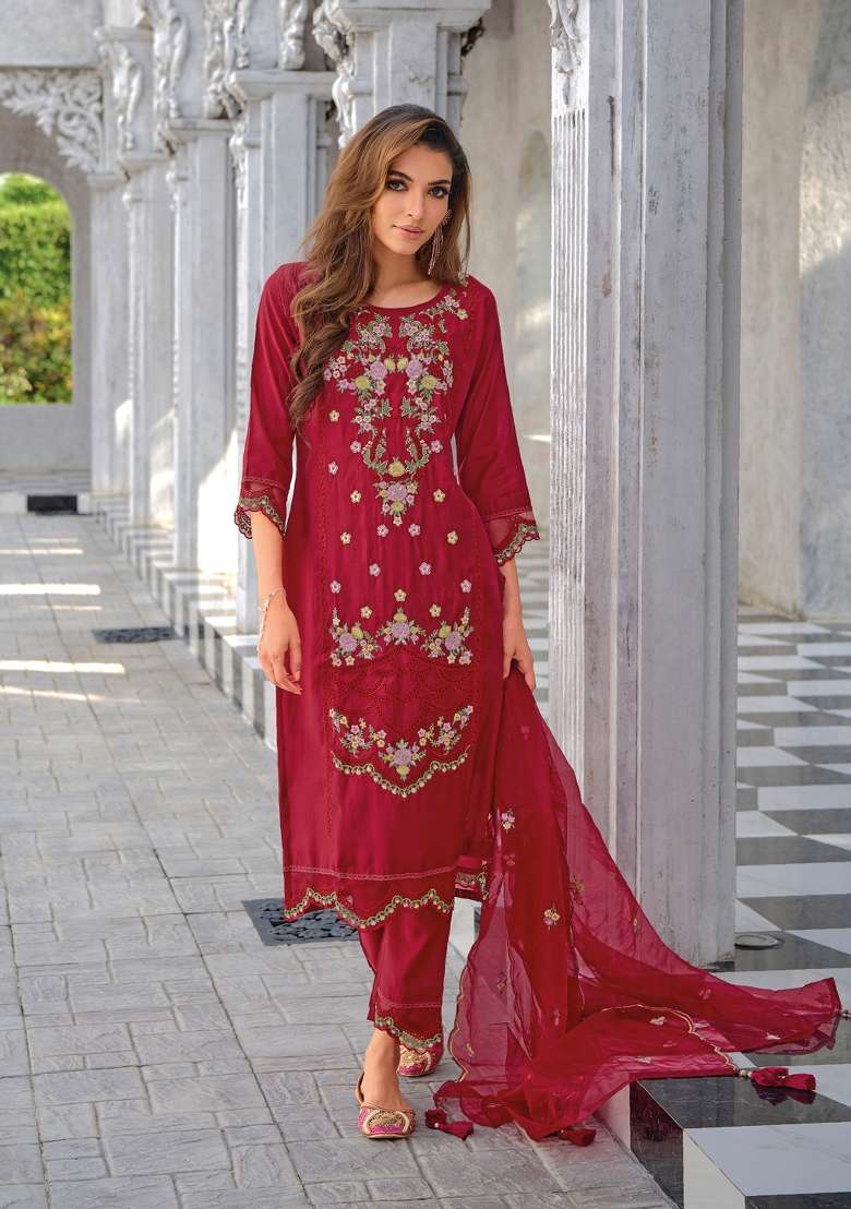 Red Embroidered Viscose Straight Kurta Set - Indya