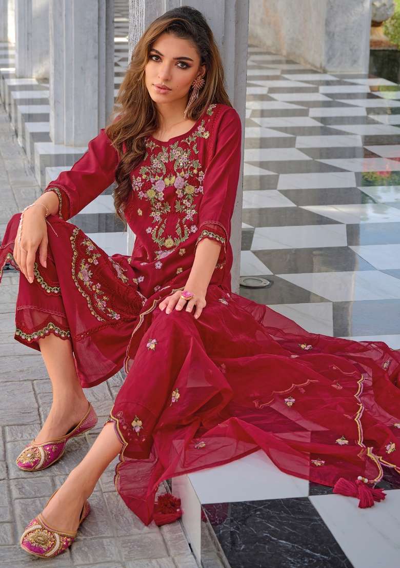 Red Embroidered Viscose Straight Kurta Set - Indya