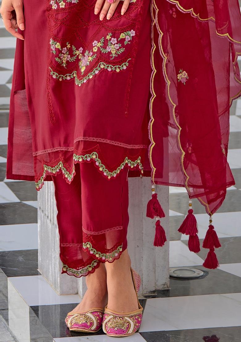 Red Embroidered Viscose Salwar Kameez With Dupatta