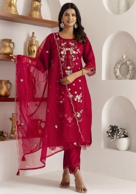 Red Embroidered Viscose Salwar Kameez With Dupatta