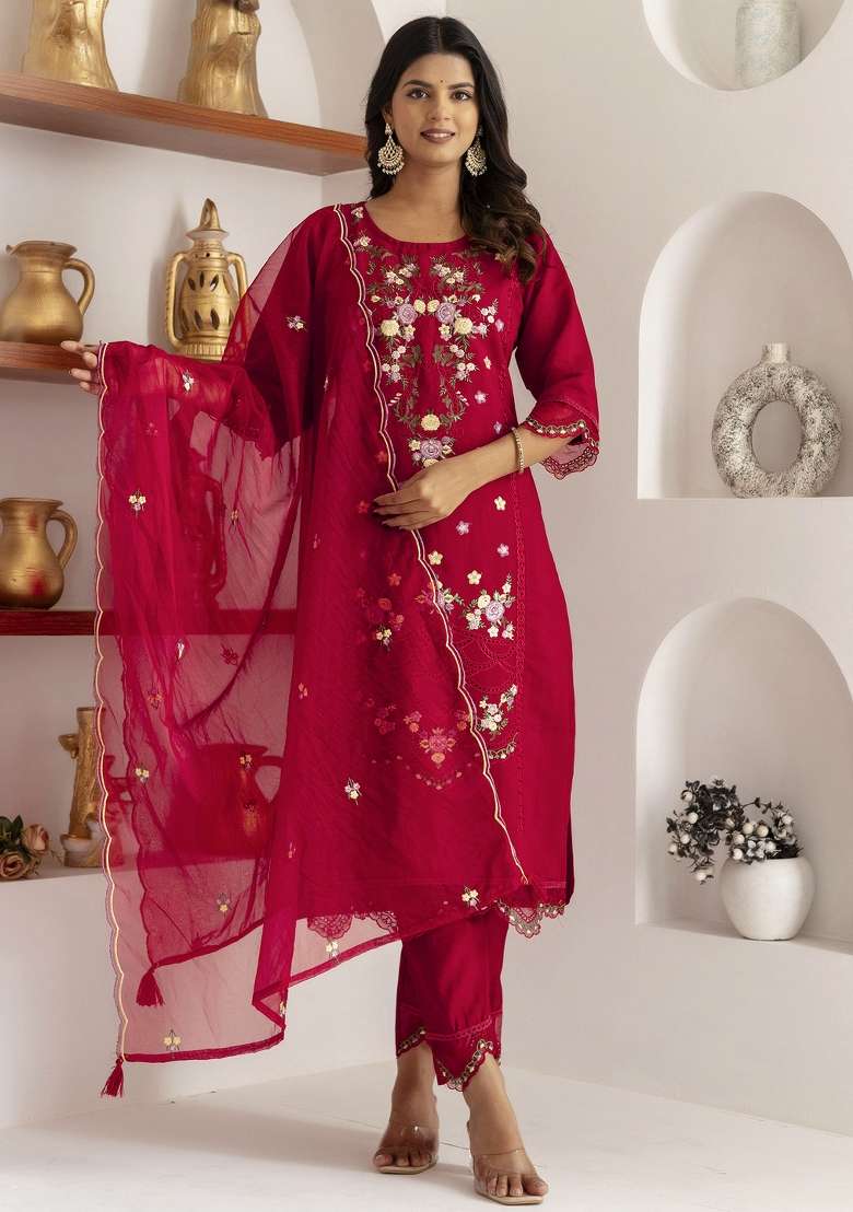 Red Embroidered Viscose Straight Kurta Set - Indya