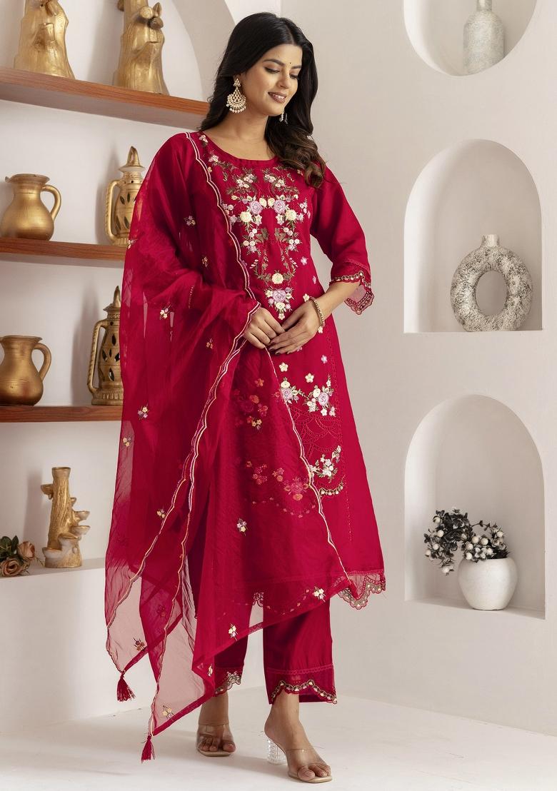 Red Embroidered Viscose Salwar Kameez With Dupatta