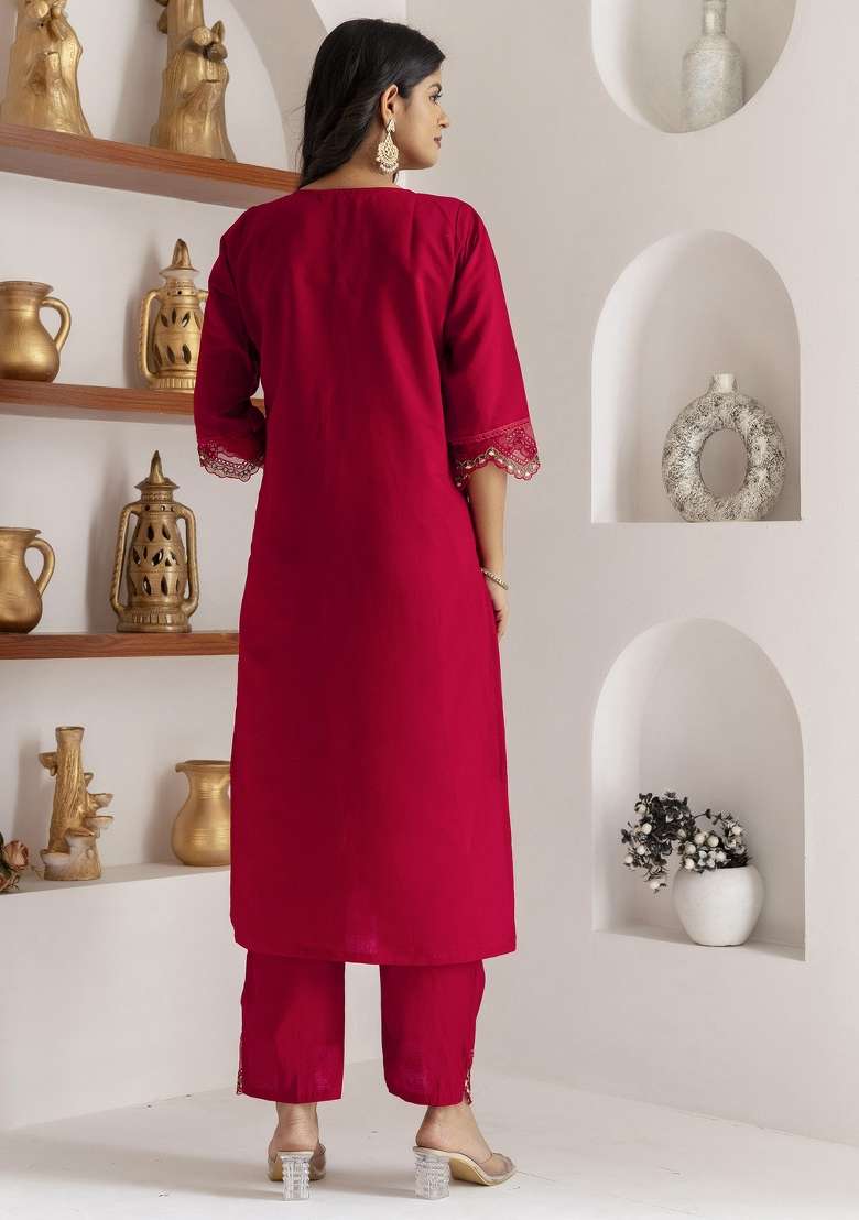 Red Embroidered Viscose Straight Kurta Set - Indya