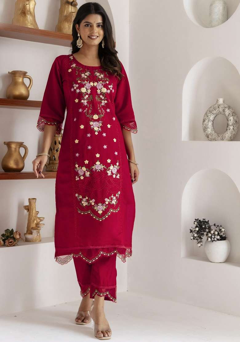 Red Embroidered Viscose Straight Kurta Set - Indya