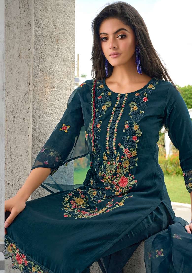 Teal Blue Embroidered Viscose Straight Kurta Set - Indya