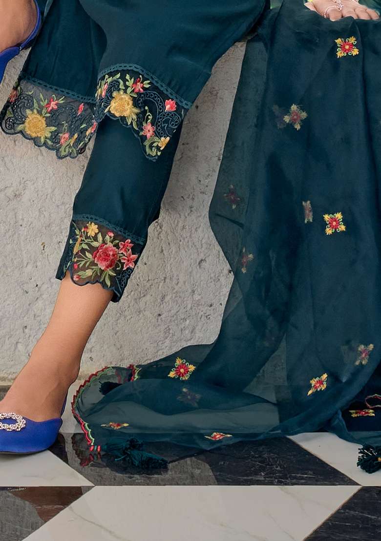 Teal Blue Embroidered Viscose Straight Kurta Set - Indya