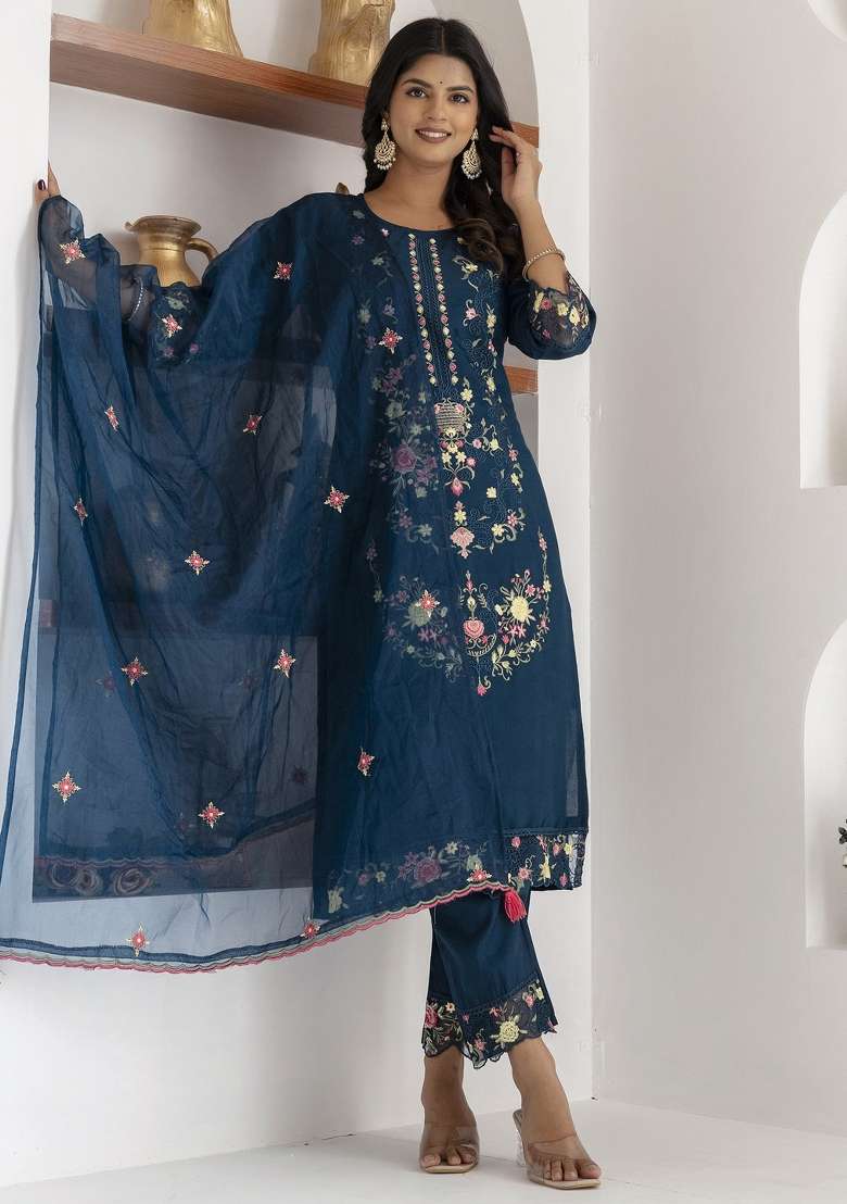 Teal Blue Embroidered Viscose Straight Kurta Set - Indya