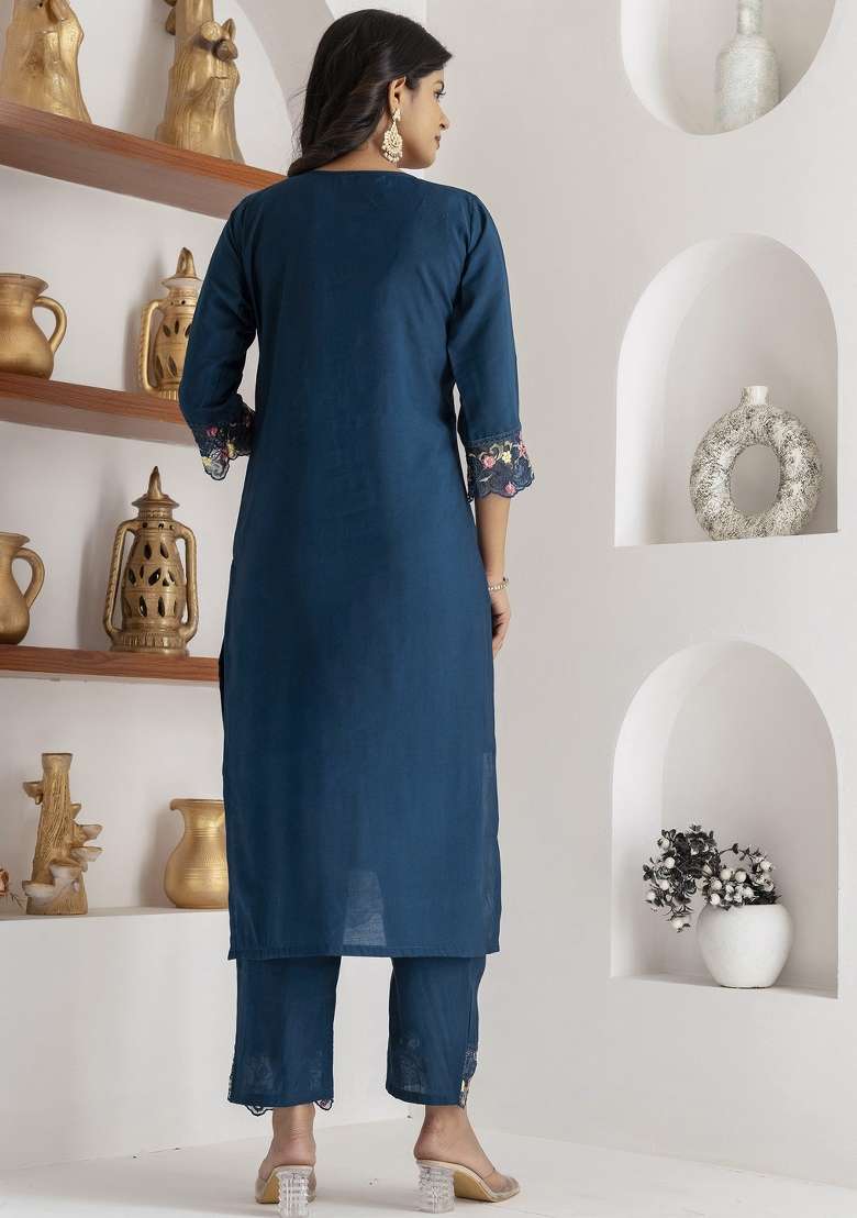 Teal Blue Embroidered Viscose Straight Kurta Set - Indya