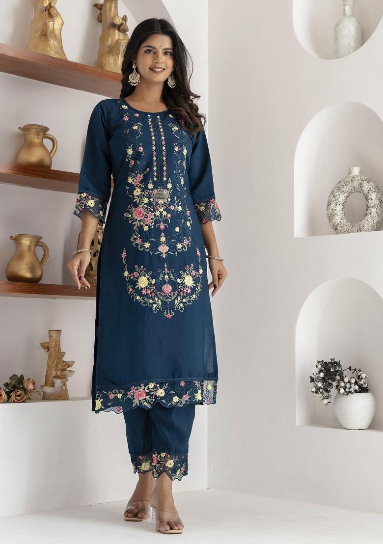 Teal Blue Embroidered Viscose Salwar Kameez With Dupatta
