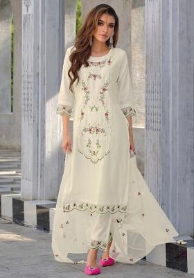 White Embroidered Viscose Salwar Kameez With Dupatta