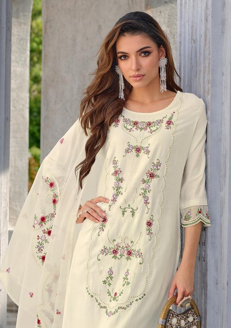 White Embroidered Viscose Salwar Kameez With Dupatta