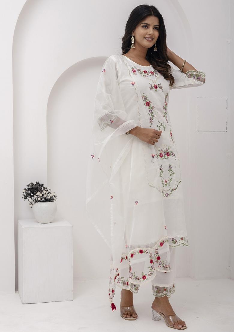 White Embroidered Viscose Salwar Kameez With Dupatta