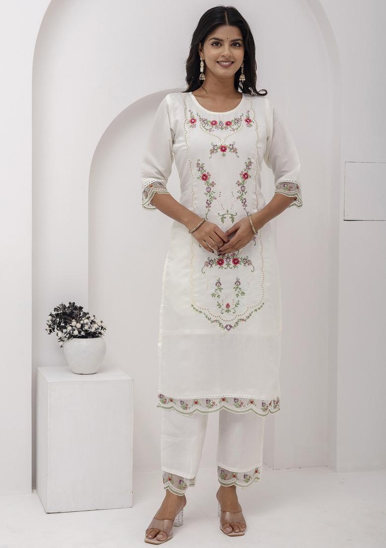 White Embroidered Viscose Salwar Kameez With Dupatta