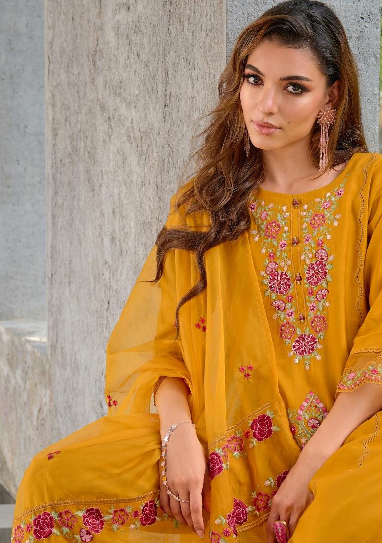 Yellow Embroidered Viscose Salwar Kameez With Dupatta