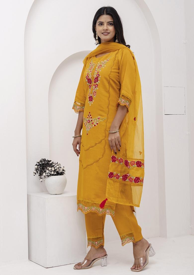 Yellow Embroidered Viscose Salwar Kameez With Dupatta