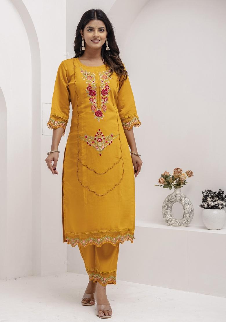 Yellow Embroidered Viscose Salwar Kameez With Dupatta