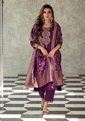 Purple Embroidered Viscose Salwar Kameez With Dupatta
