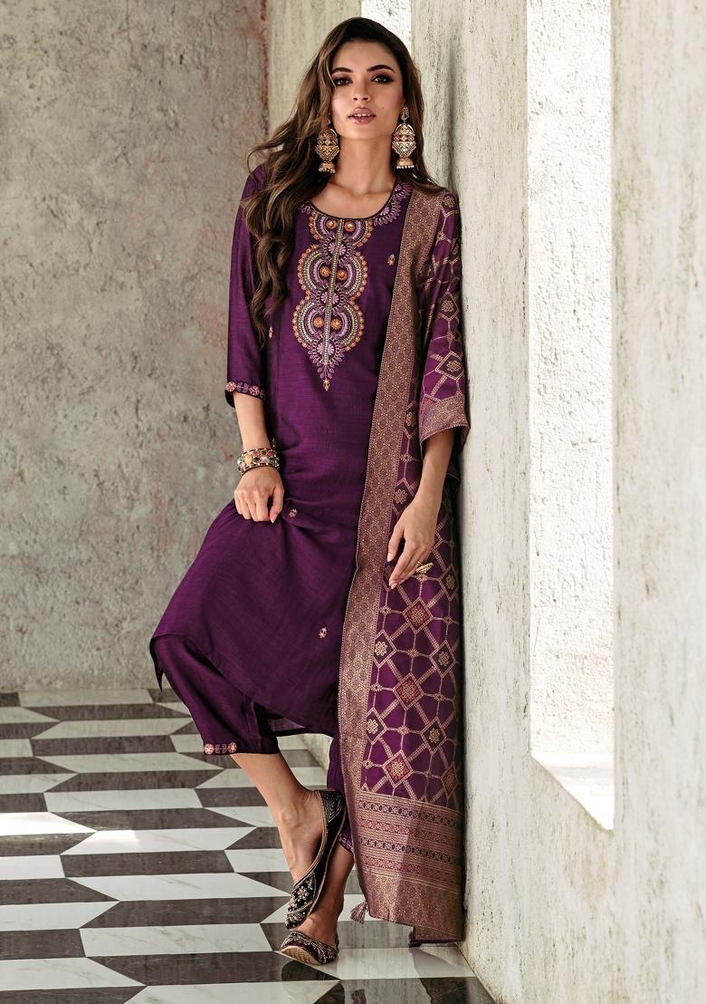 Purple Embroidered Viscose Salwar Kameez With Dupatta