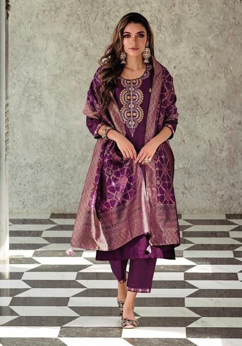 Purple Embroidered Viscose Salwar Kameez With Dupatta