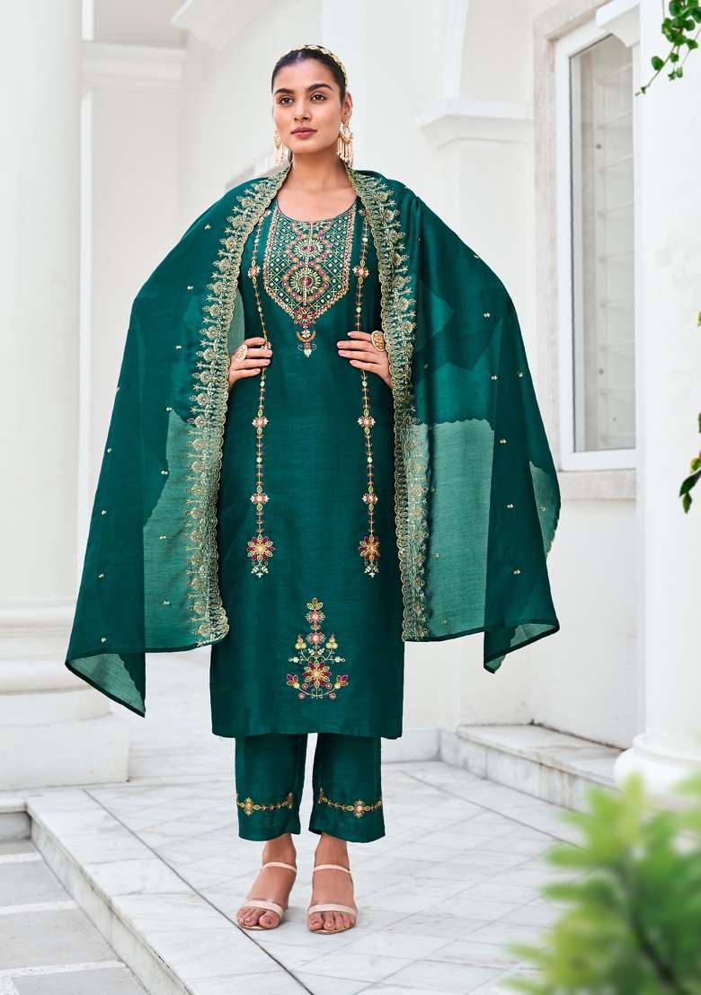 Green Embroidered Viscose Straight Kurta Set - Indya