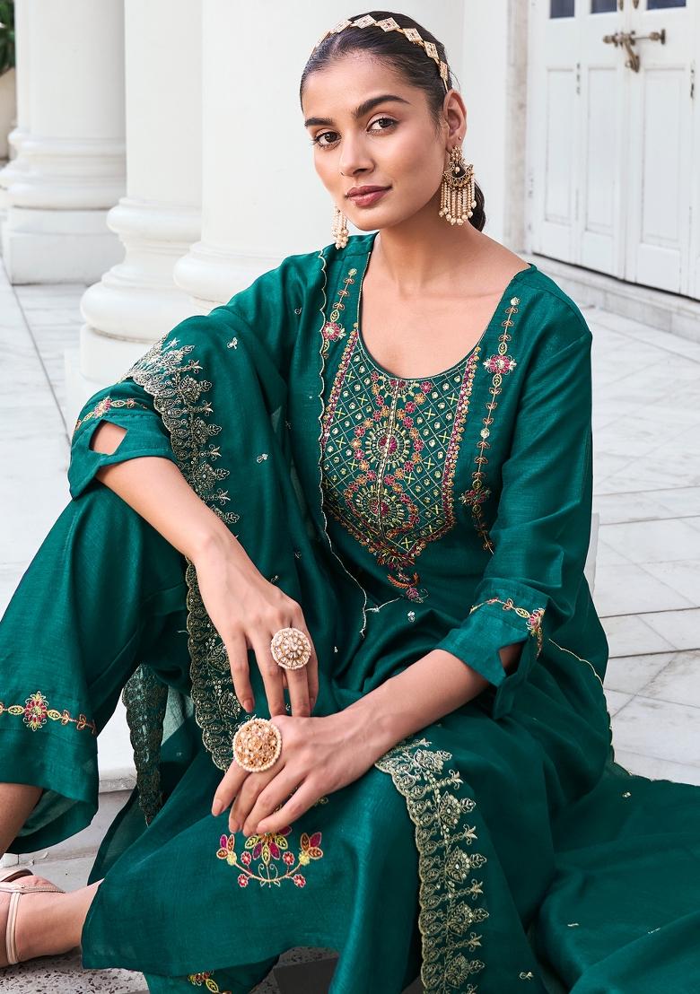 Green Embroidered Viscose Salwar Kameez With Dupatta