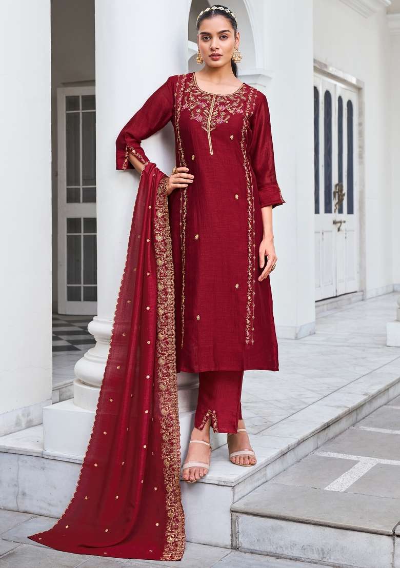 Maroon Embroidered Viscose Straight Kurta Set - Indya
