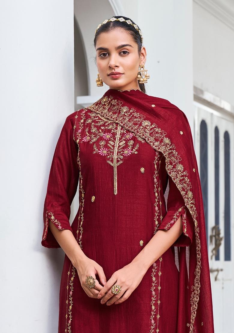 Maroon Embroidered Viscose Salwar Kameez With Dupatta