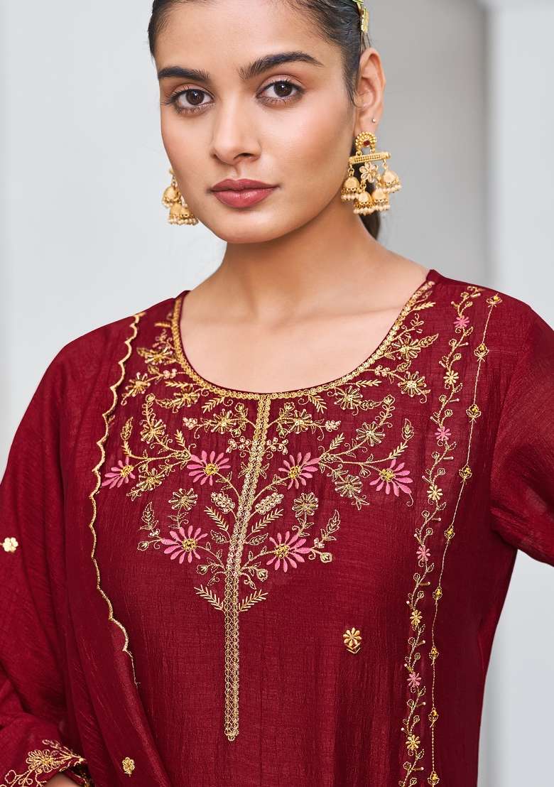 Maroon Embroidered Viscose Straight Kurta Set - Indya