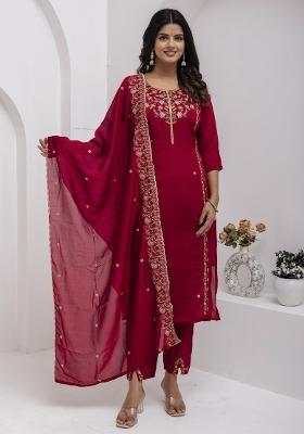 Maroon Embroidered Viscose Salwar Kameez With Dupatta