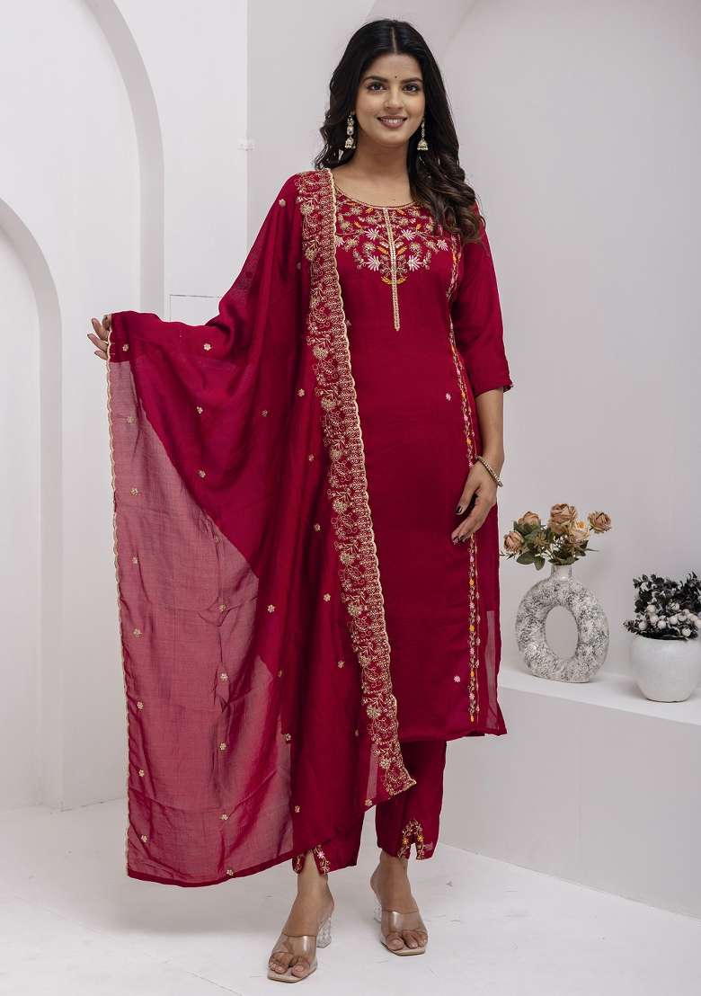 Maroon Embroidered Viscose Straight Kurta Set - Indya