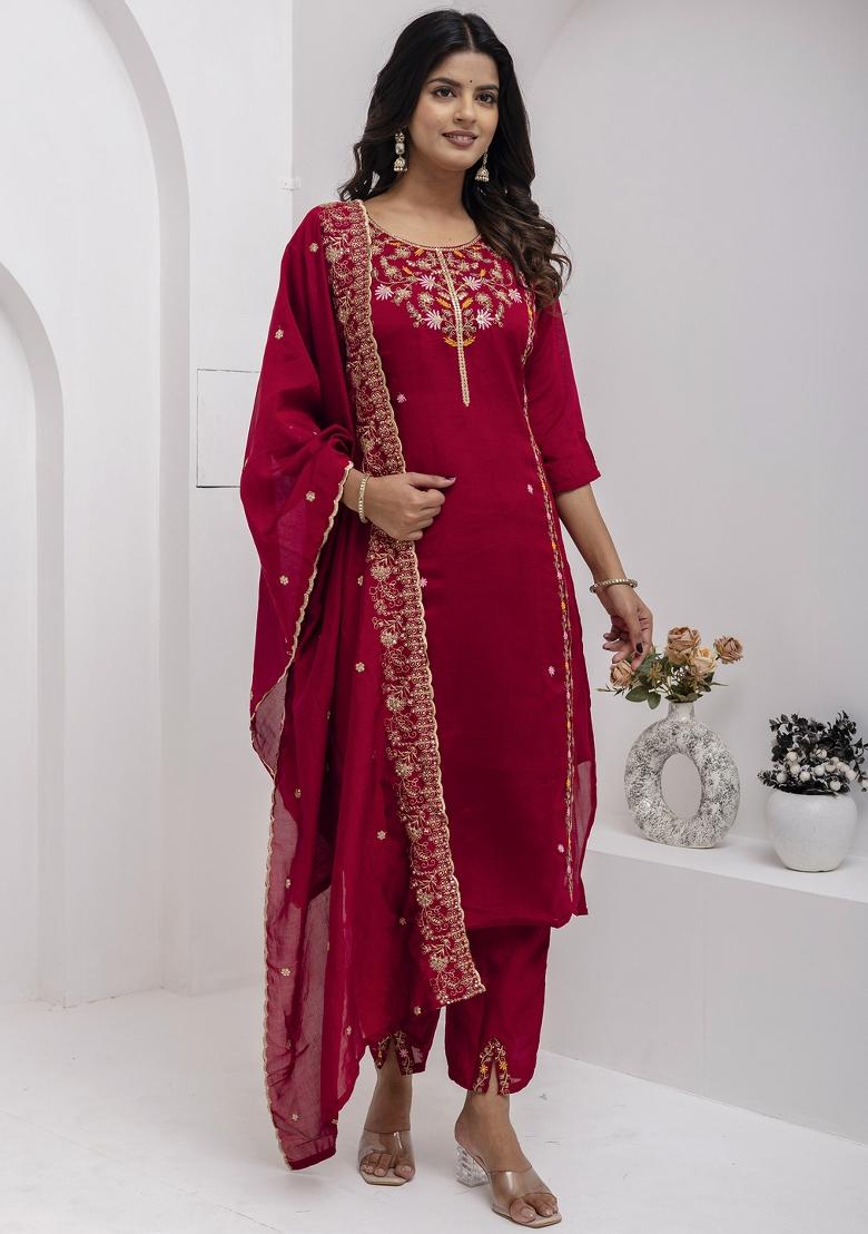 Maroon Embroidered Viscose Salwar Kameez With Dupatta