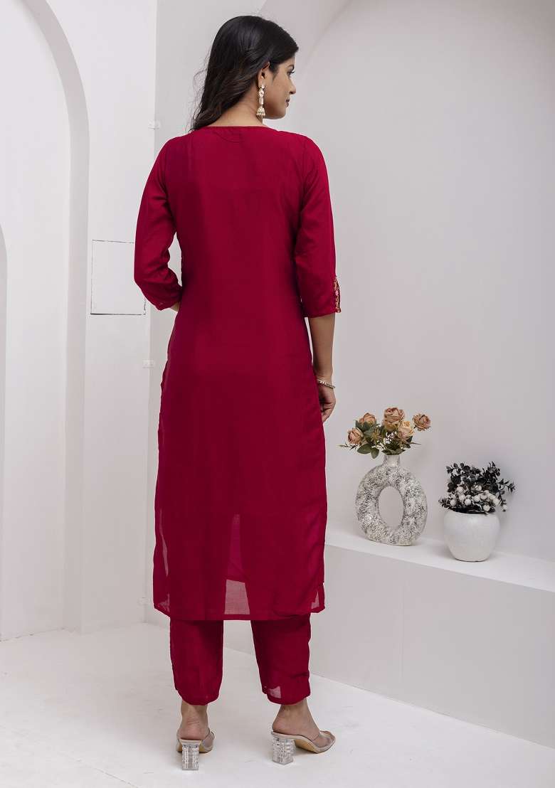 Maroon Embroidered Viscose Straight Kurta Set - Indya