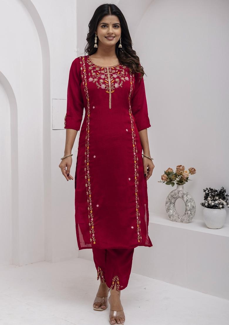Maroon Embroidered Viscose Salwar Kameez With Dupatta