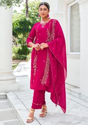 Pink Embroidered Viscose Salwar Kameez With Dupatta