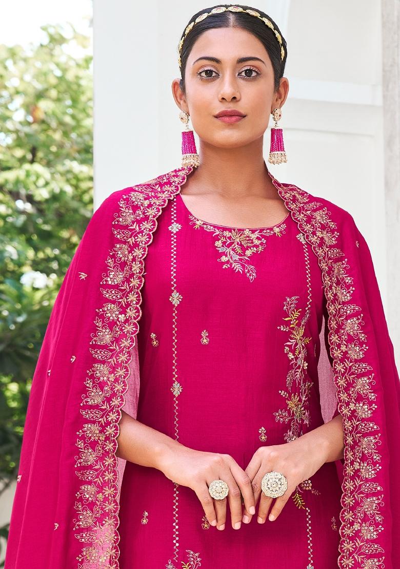 Pink Embroidered Viscose Salwar Kameez With Dupatta