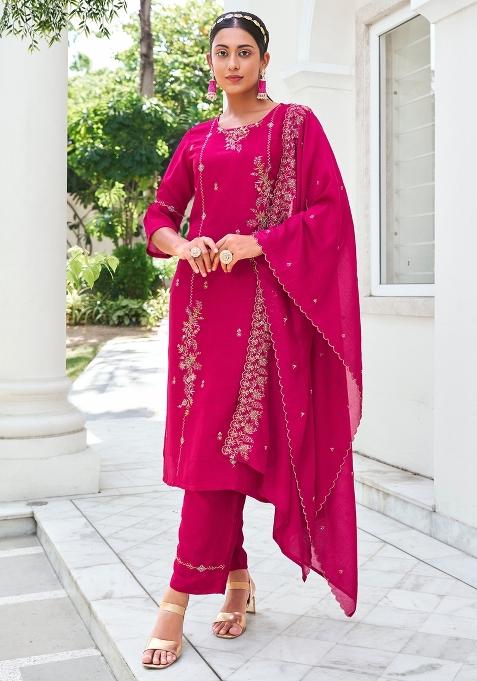 Pink Embroidered Viscose Salwar Kameez With Dupatta