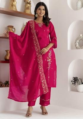 Pink Embroidered Viscose Salwar Kameez With Dupatta