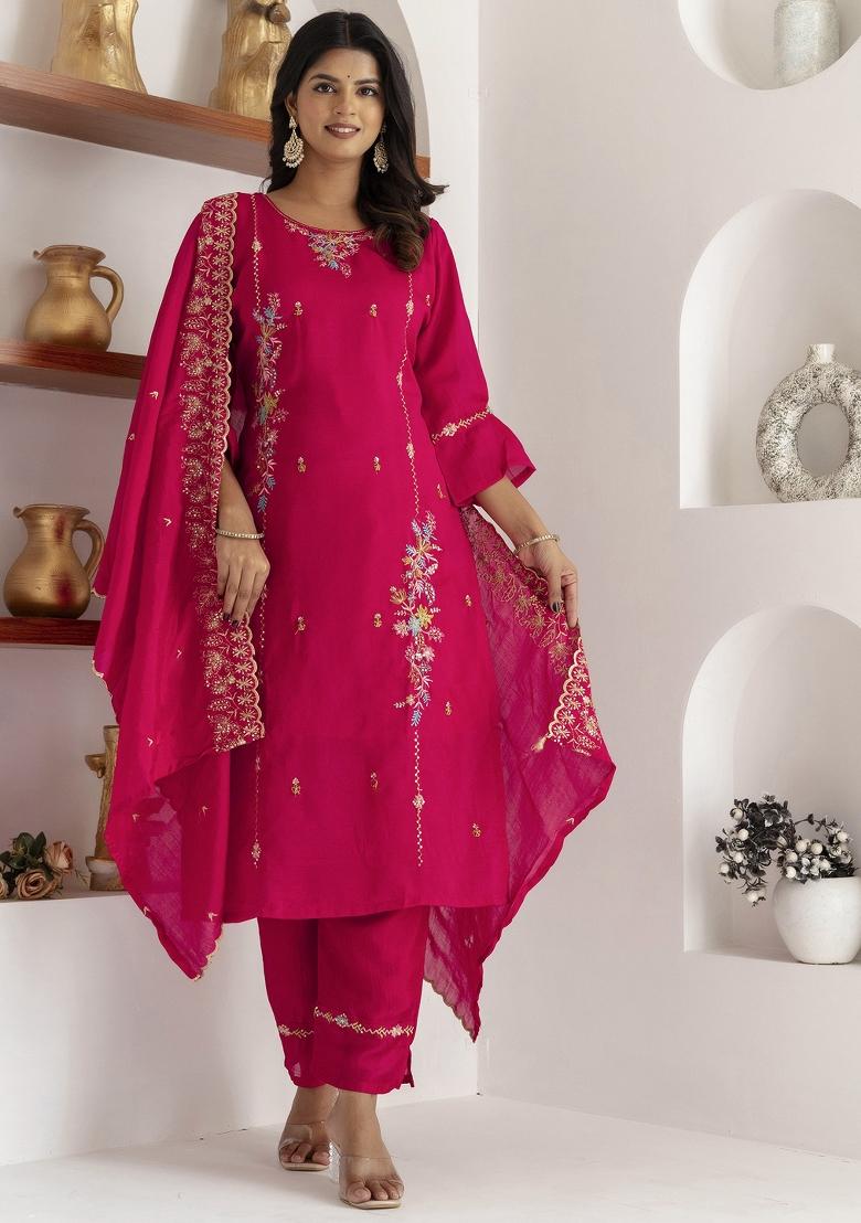 Pink Embroidered Viscose Salwar Kameez With Dupatta