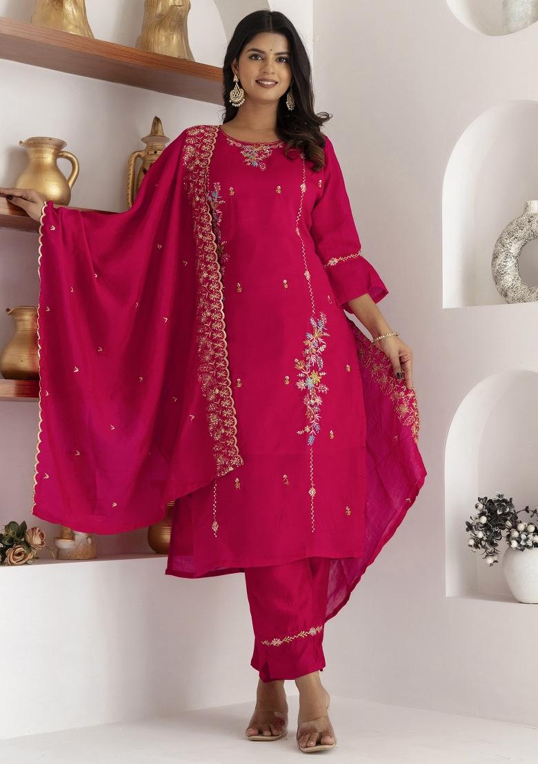 Pink Embroidered Viscose Salwar Kameez With Dupatta