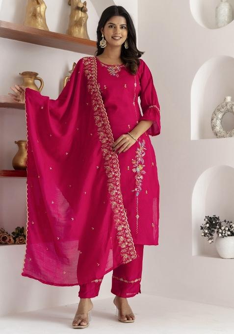 Pink Embroidered Viscose Salwar Kameez With Dupatta