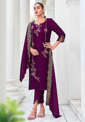 Purple Embroidered Viscose Salwar Kameez With Dupatta